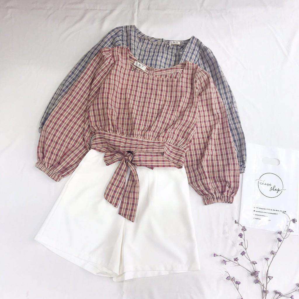 Áo caro nơ lưng tay dài cổ vuông Lovi