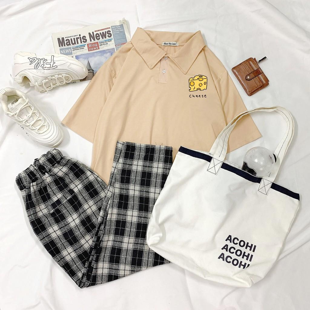 Polo áo thun có cổ tay lỡ CHEESE form rộng ulzzang couple nam nữ VANLENTINE UNISEX