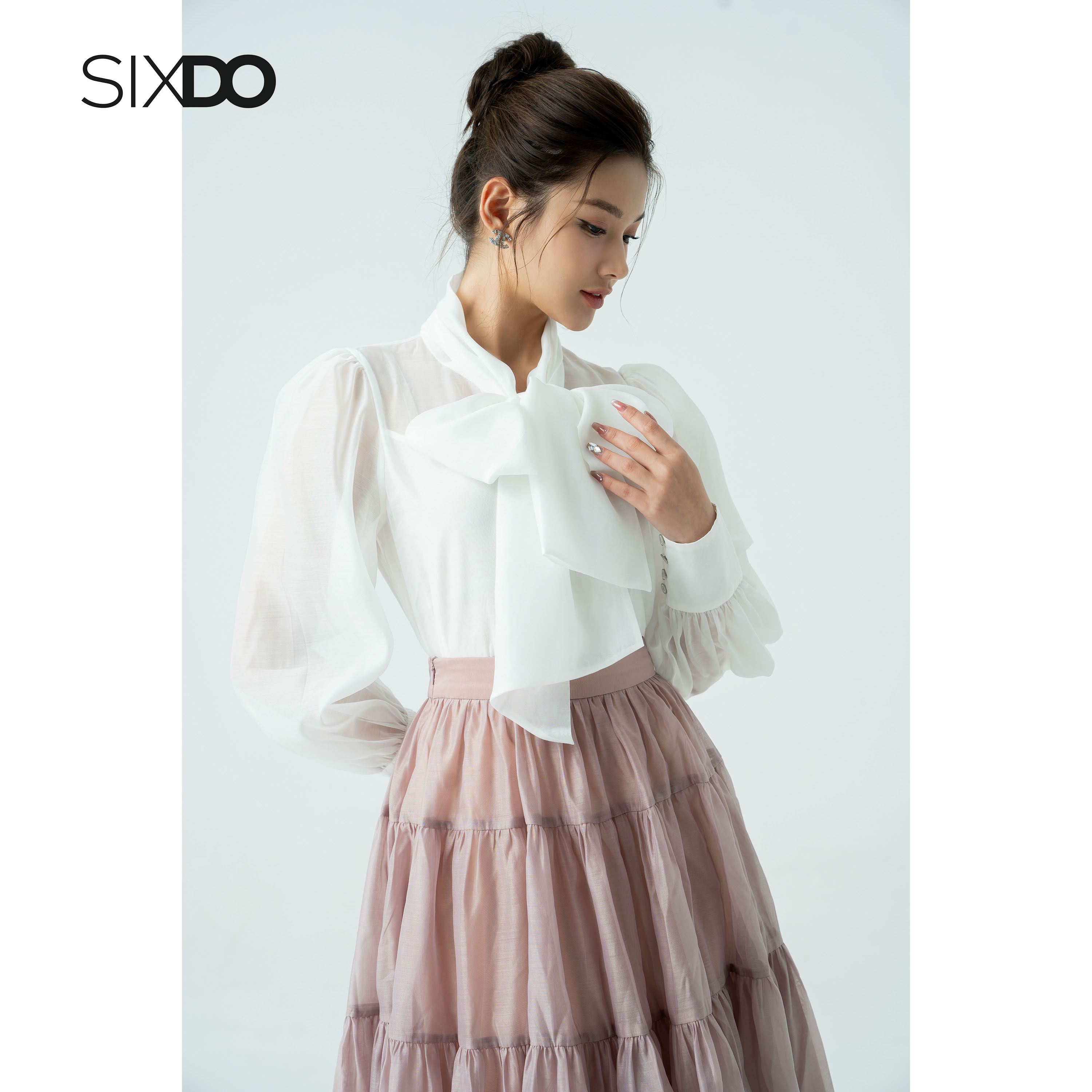 Áo sơ mi nữ tơ tạo kiểu buộc nơ cổ thời trang SIXDO