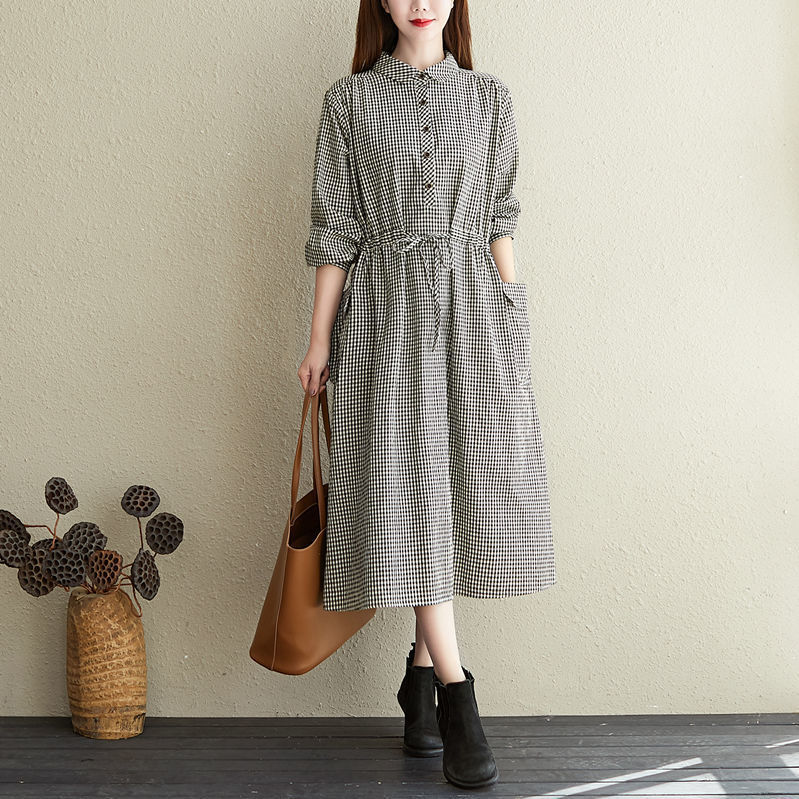 Váy sơ mi dáng dài thắt eo – Đầm nữ form suông vintage kẻ caro phong cách công sở Haint Boutique Da187