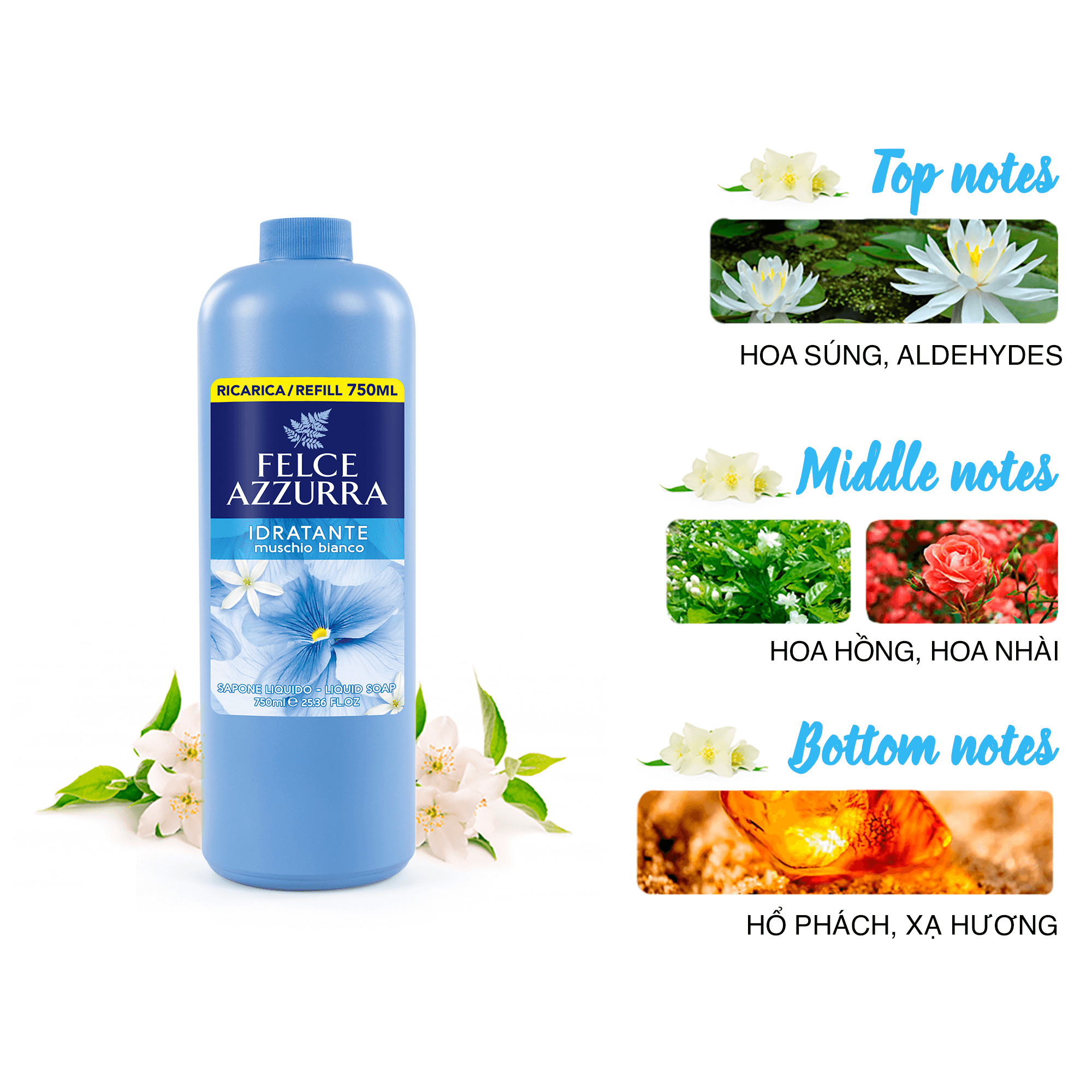 Sữa rửa tay hương nước hoa Ý xạ hương trắng Felce Azzurra Idratante 750ml