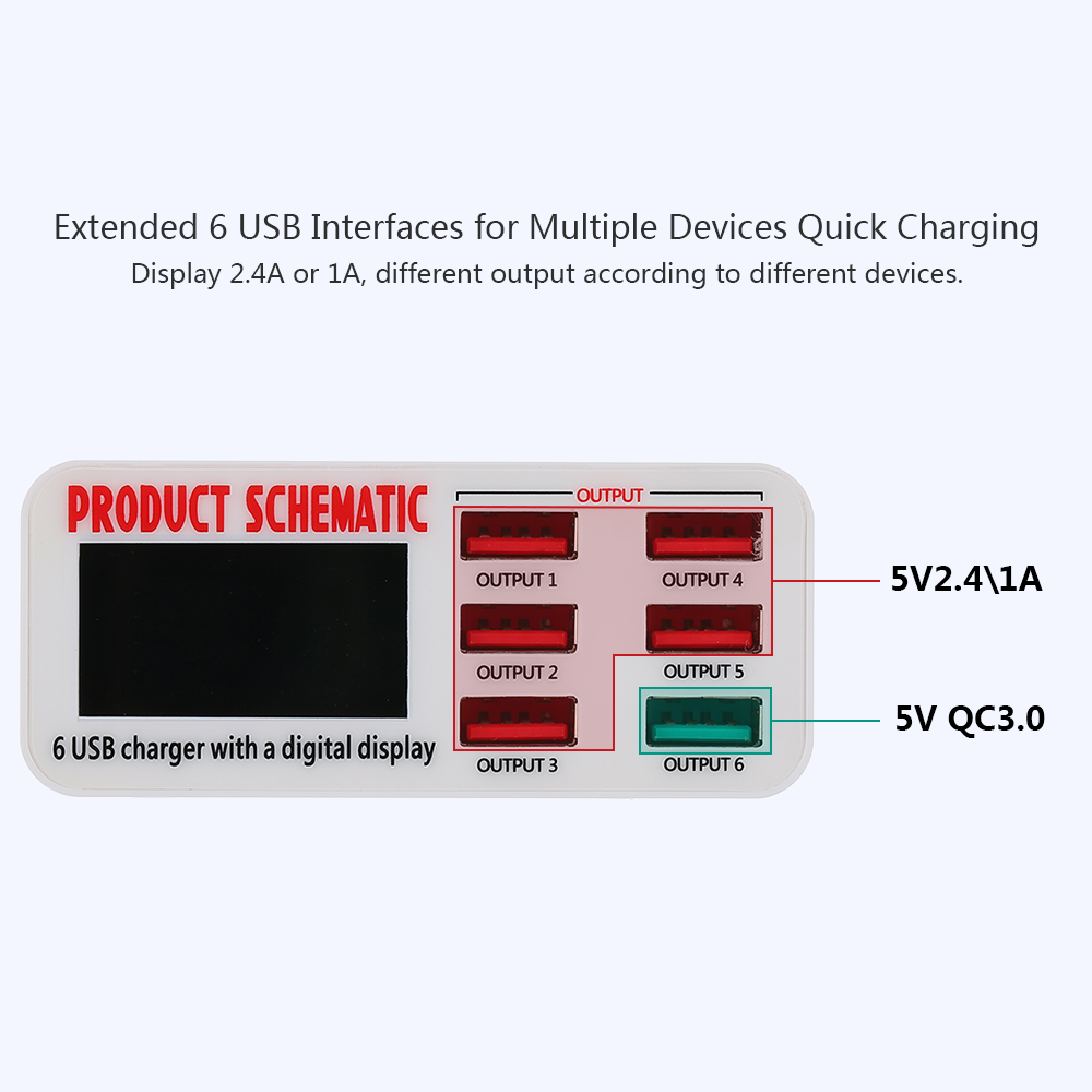 Bộ Chuyển Đổi Sạc Nhanh Để Bàn 3.0 6 Cổng 6a USB Hub Đế Cắm Sạc Treo Tường Với Màn Hình LCD