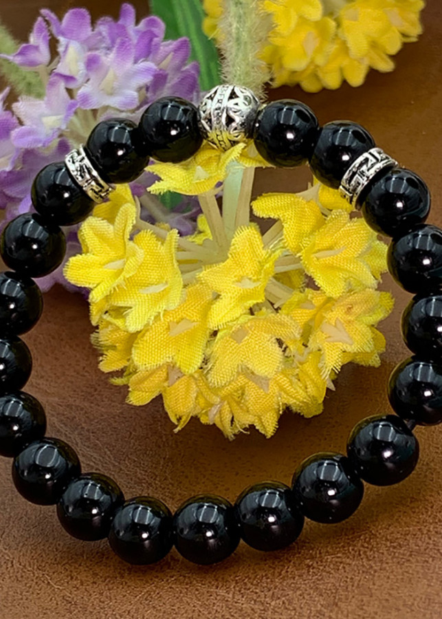 Vòng Đá Thạch Anh Đen 8 Ly Charm Bi Bạc Thái