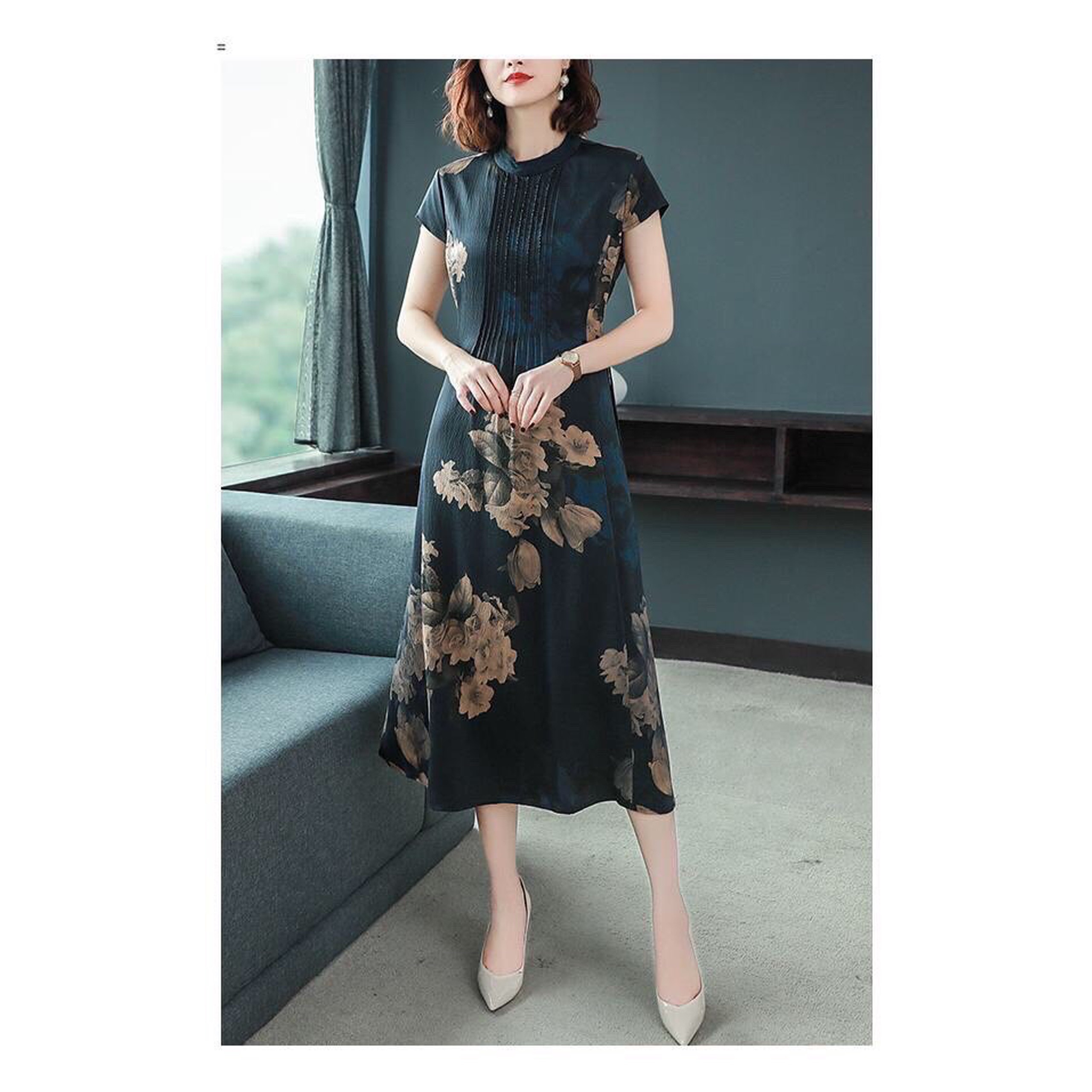 Đầm lụa xòe trung niên họa tiết hoa