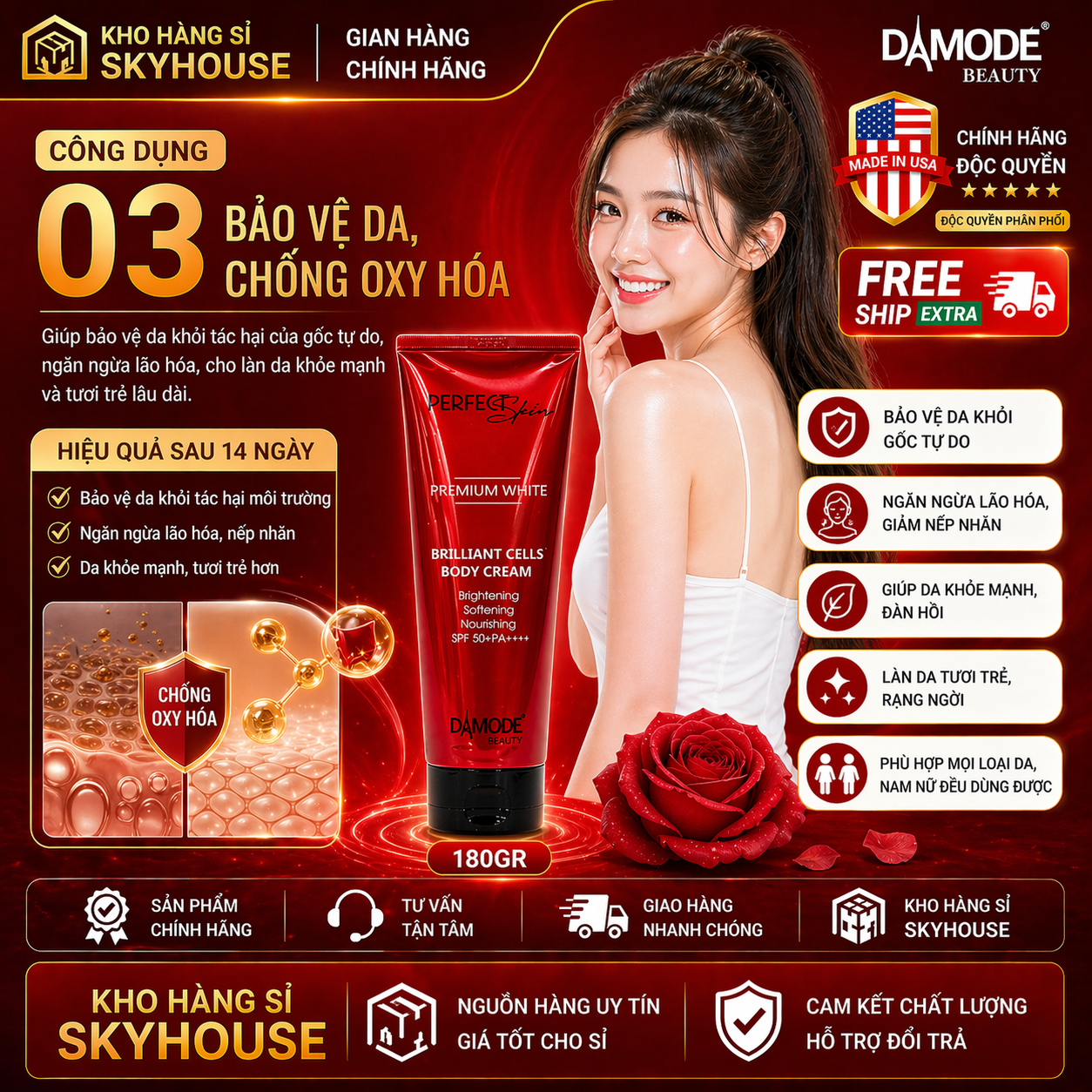 Kem body trắng da BRILLIANT CELLS DAMODE chai 180gr kem body dưỡng ẩm đều màu da chính hãng