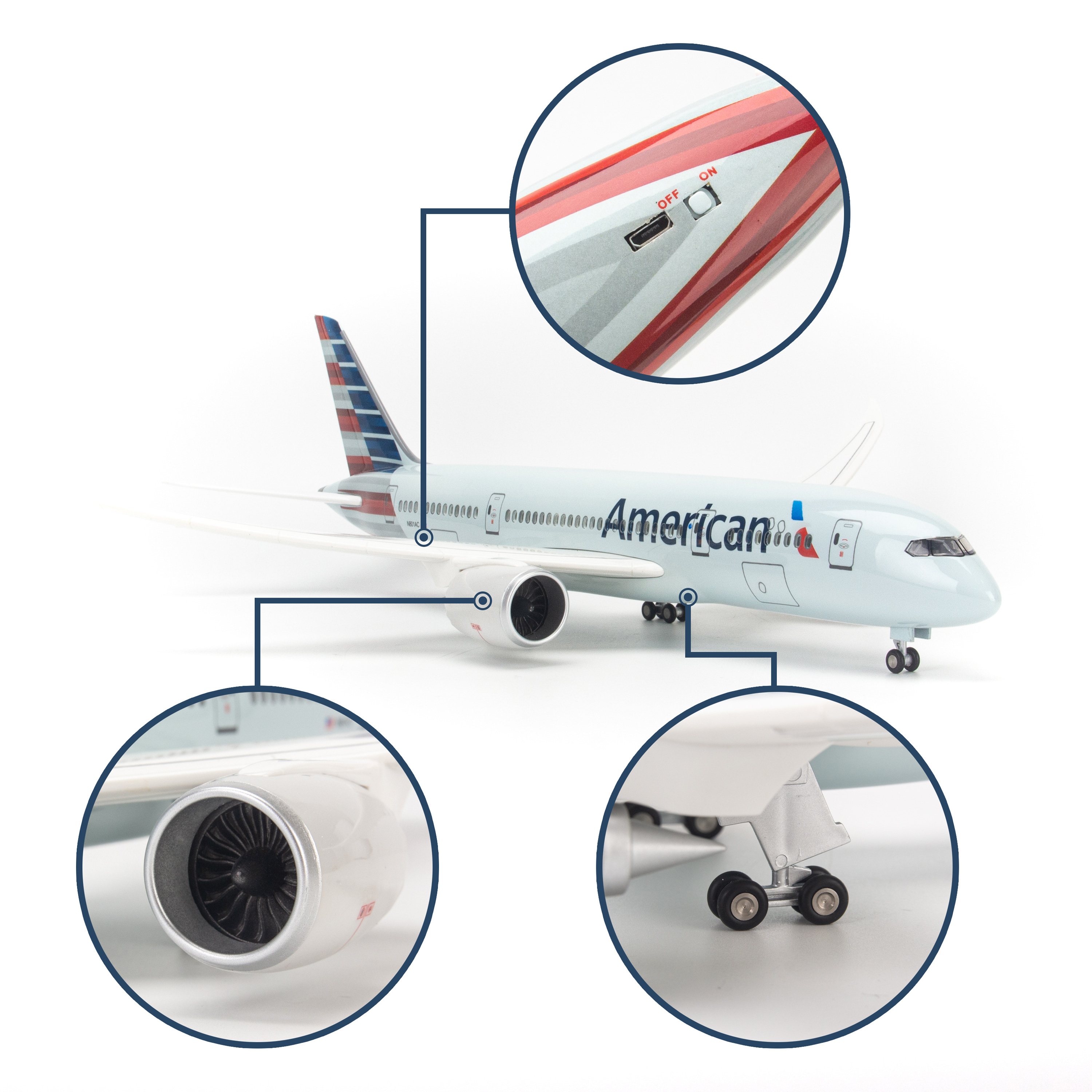 Mô hình máy bay American Airlines Boeing B787 lắp ráp có đèn 47cm MBMH46