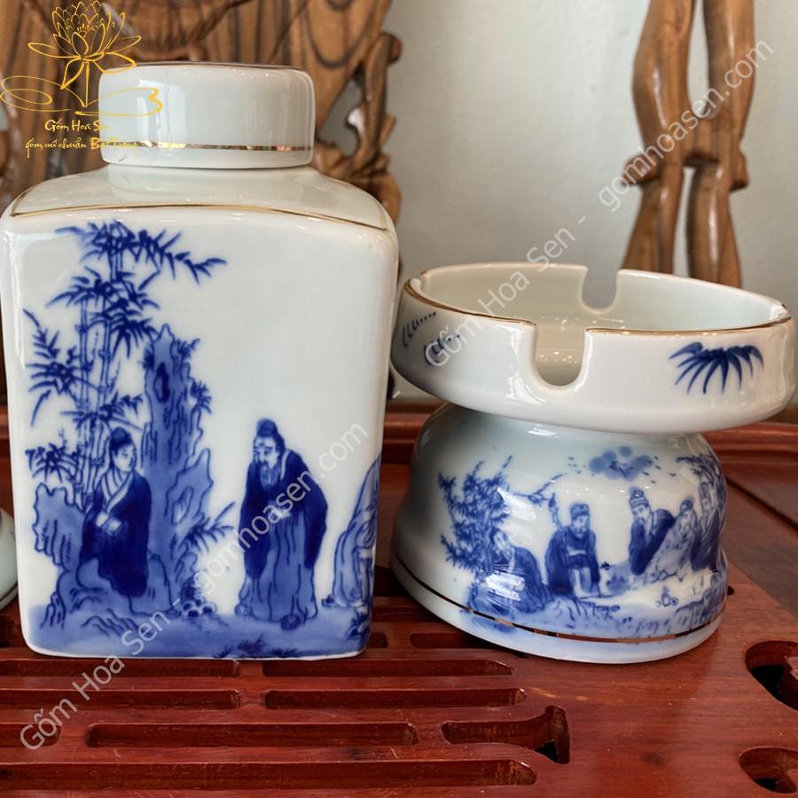 Phụ kiện lọ trà , gạt tàn , ống tăm sứ Bát Tràng cảnh trúc lâm thất hiền viền vàng 24k