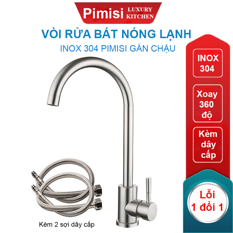 Vòi rửa bát nóng lạnh inox 304 Pimisi dùng cho chậu rửa chén bát trong nhà bếp gắn chậu - bàn đá, quay 360 độ dùng được cho chậu rửa chén 2 hố - đã kèm 2 sợi dây cấp nước | Hàng chính hãng