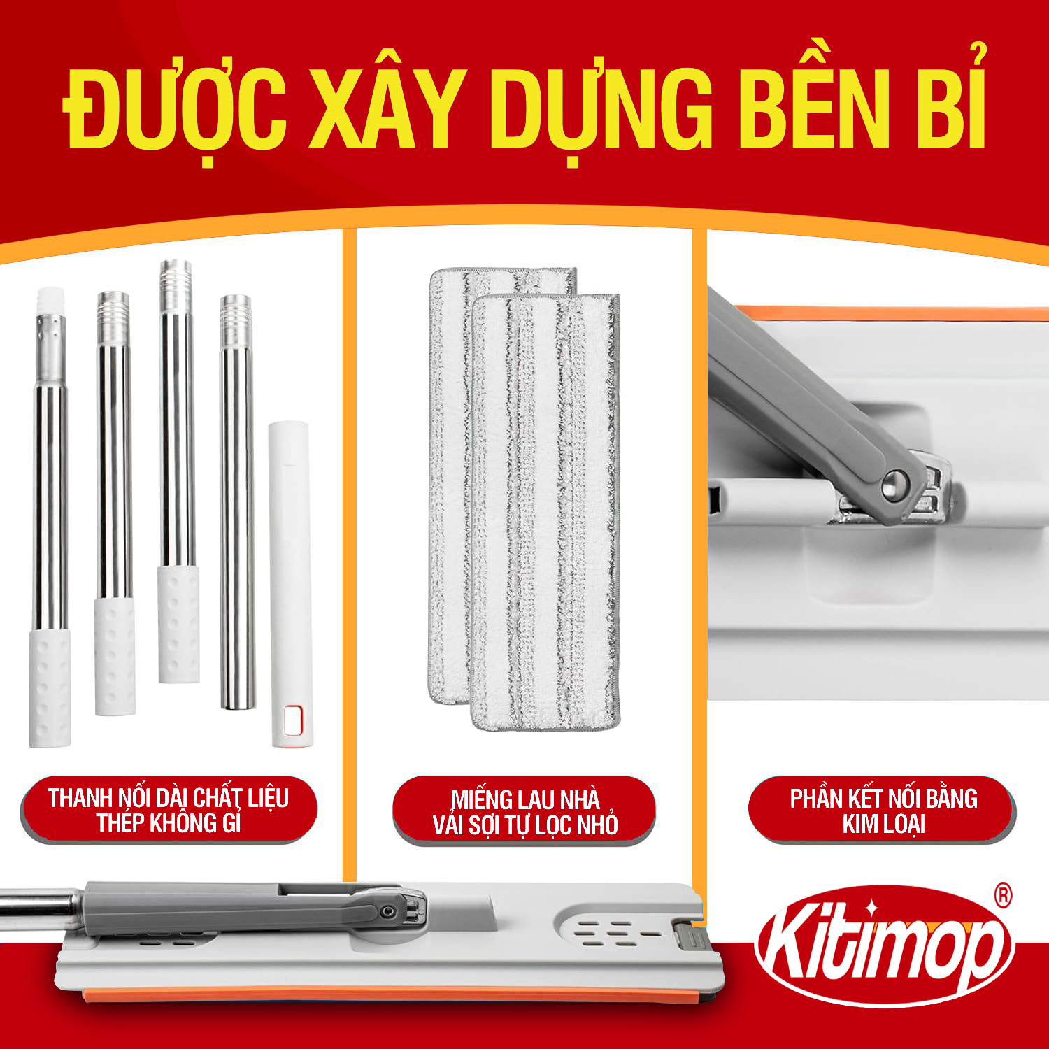 Bộ lau nhà cỡ lớn Kitimop-ProMax có thùng lau nhà tự vắt kèm bánh xe, cây lau nhà 360 độ giúp lau sàn làm sạch, 3 bông lau