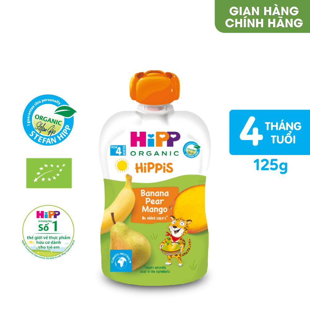 Dinh dưỡng 100% Trái cây nghiền Organic HiPPiS Chuối, Lê, Xoài