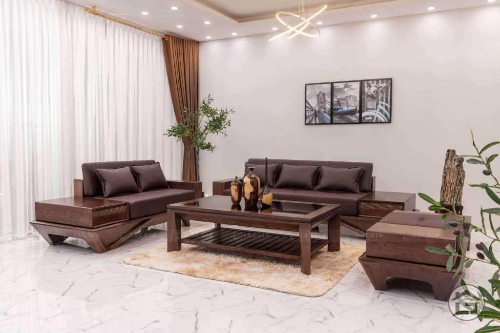 Bộ sofa góc tay vuông gỗ sồi nga , Bộ ghế sofa 2 văng chân quỳ