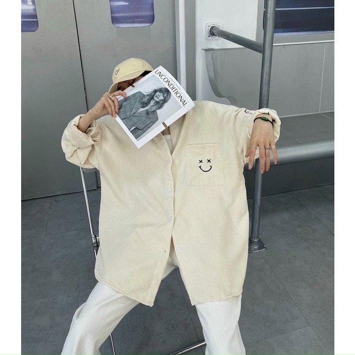ÁO KHOÁC SƠMI NHUNG OVERSIZE THÊU ICON MẶT CƯỜI UNISEX FROM RỘNG UZZLANG