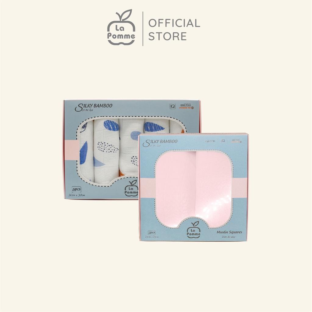 Combo 2 K001 Set 5 Khăn sữa (30x30cm) Rainy + K002 Set 2 Khăn đa năng sợi tre lụa La Pomme (75x75cm) - Hồng Pastel