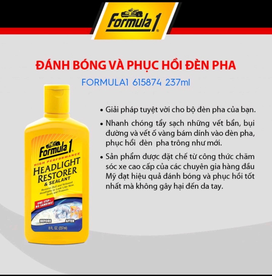 Chất Đánh Bóng Và Phục Hồi Đèn Pha Ô Tô FORMULA1 Tẩy Ố Vàng, Vệ Sinh Cặn Canxi Đèn Và Kính Xe