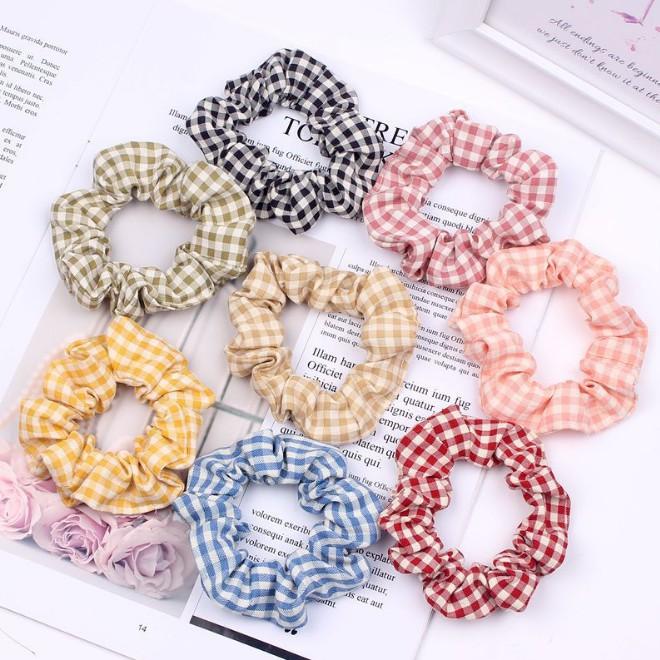 Set 8 Dây Cột Tóc Scrunchies Caro Size Nhỏ-Tặng Túi Zip