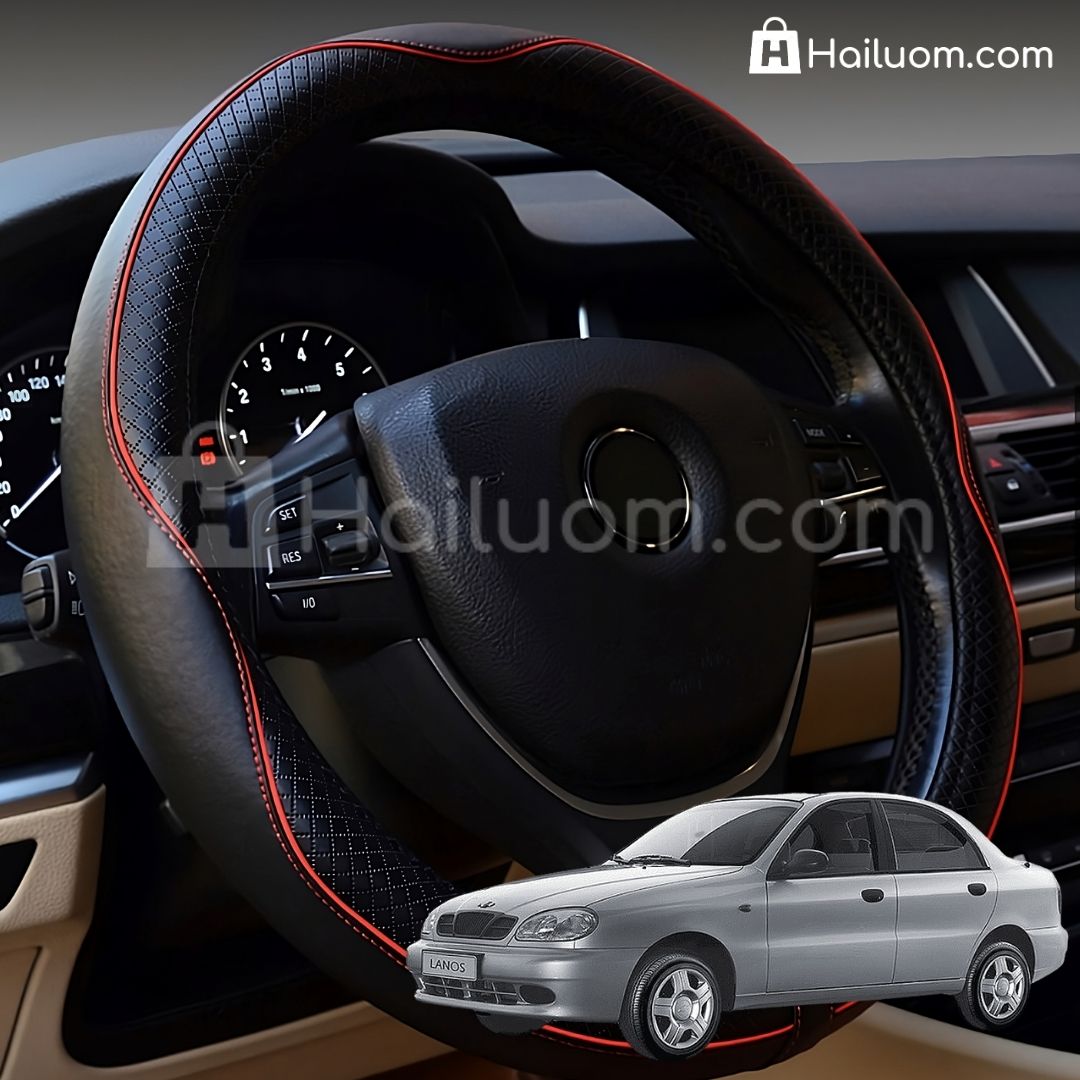 Bọc Vô Lăng ô tô cho DAEWOO LANOS Da Thật Cao Cấp - Màu Đen Chỉ Đỏ