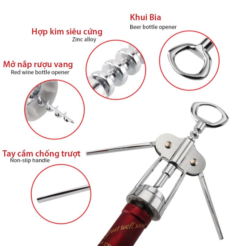 Dụng cụ mở rượu vang cánh bướm - Khui bia,khui nắp chai an toàn,dễ sử dụng chất liệu inox 304 toàn phần SRV01044