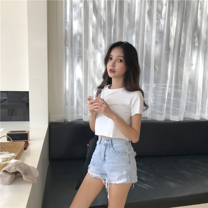 Áo Croptop Ngắn Tay Ôm Dáng Xinh Xắn Theo Phong Cách Hàn Quốc