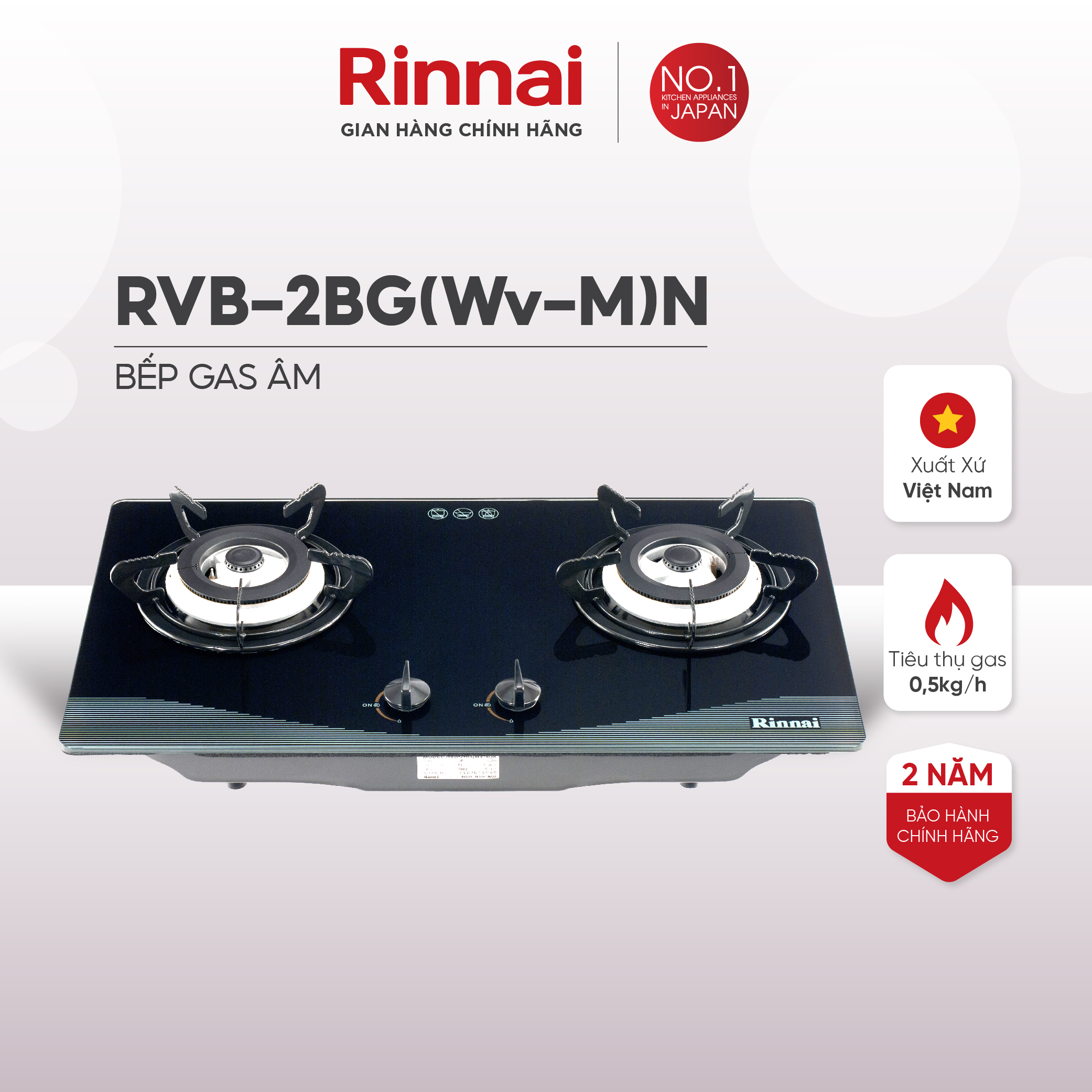 Bếp gas âm Rinnai RVB-2BG(Wv-M)N mặt bếp kính và kiềng bếp men - Hàng chính hãng.