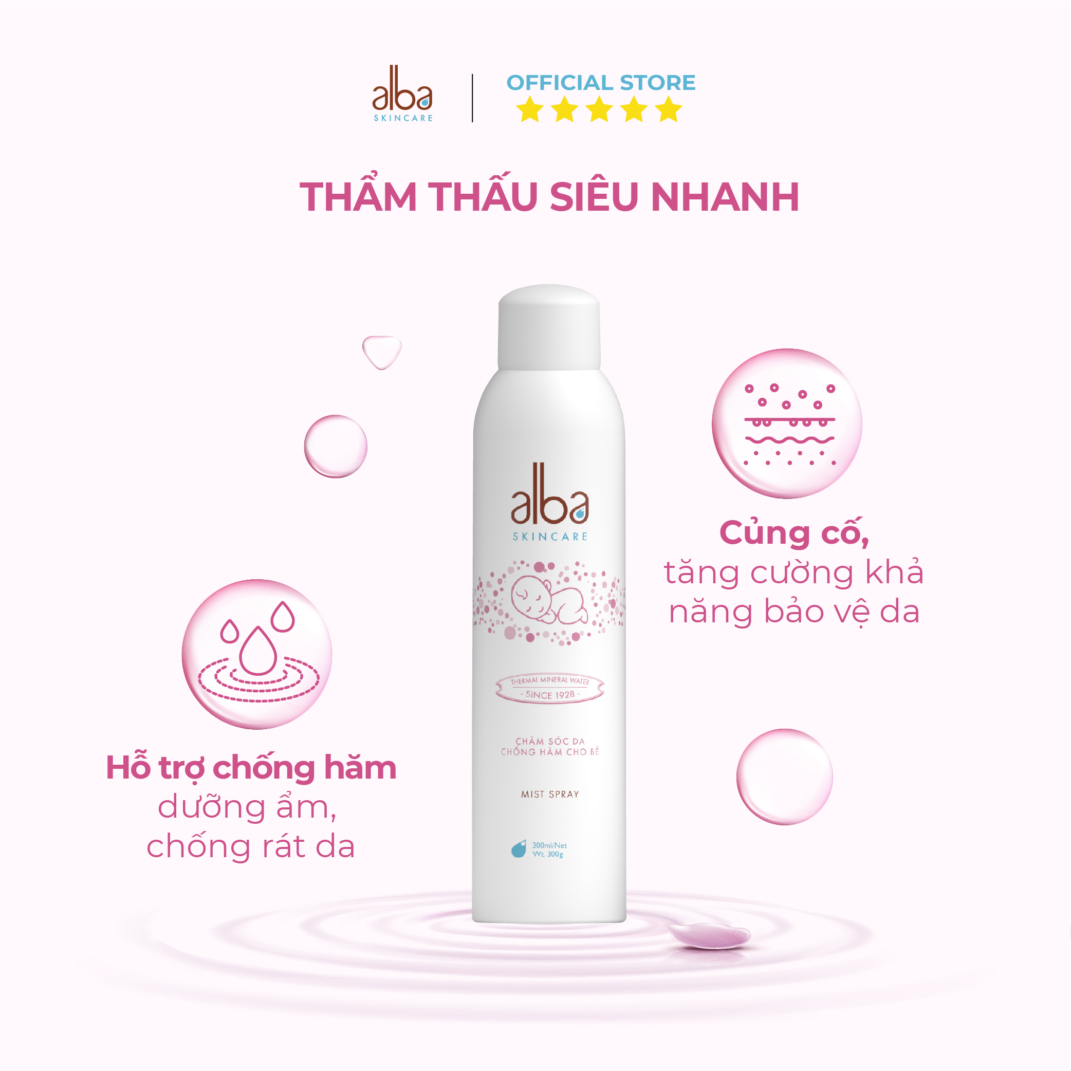 Combo Xịt khoáng Alba Skin Care chống lão hóa 150ml + Xịt khoáng Alba Skin Care chống hăm cho da bé mịn màng 300ml