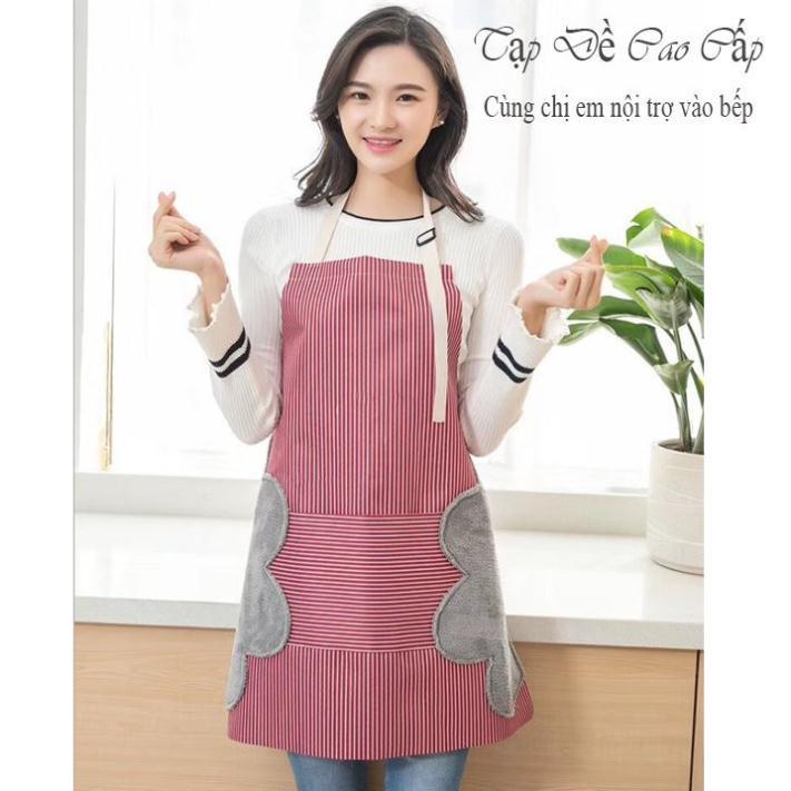 Tạp dề kẻ hoa có khăn lau tay bên hông, tạp dề chống thấm nước -