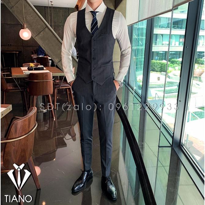 Vest nam cao cấp 6 khuy màu Xám kẻ kiểu dáng Hàn Quốc, form ôm đẹp. Vải cao cấp, 2 lớp - TIANO STORE
