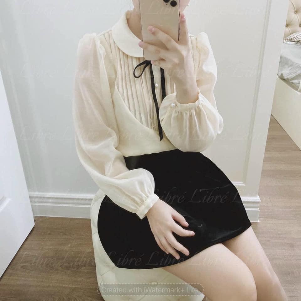 Áo cổ sen voan tơ thắt nơ cổ A56
