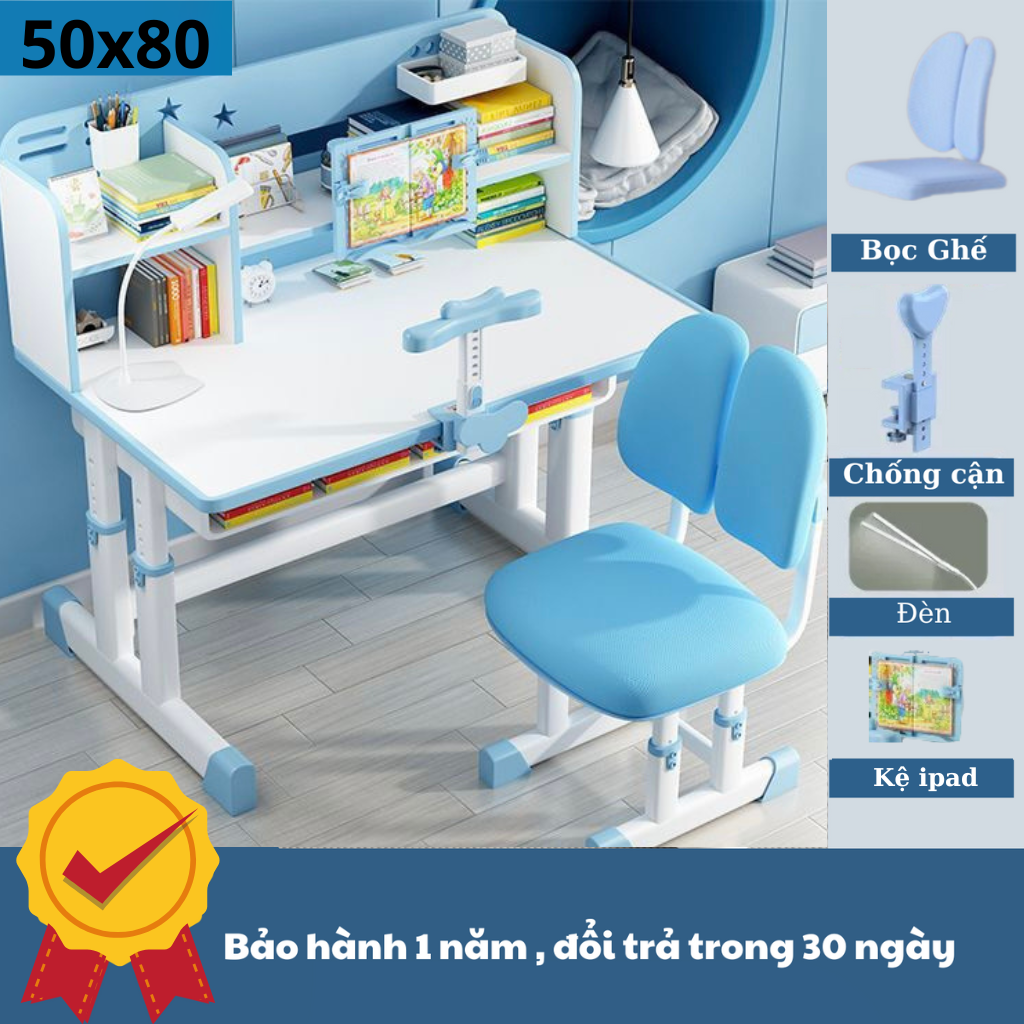 Bộ bàn học cho bé tiểu học E01 tăng giảm chiều cao, kệ sách, đệm mông
