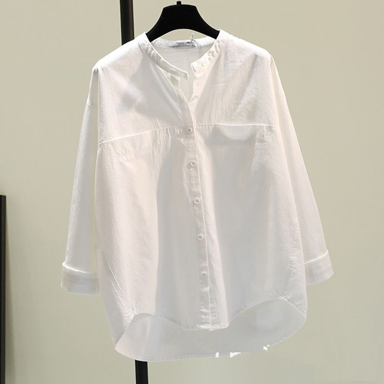 Áo sơ mi nữ form rộng cổ tầu chất thô đũi, thời trang phong cách trẻ – Trắng – XL