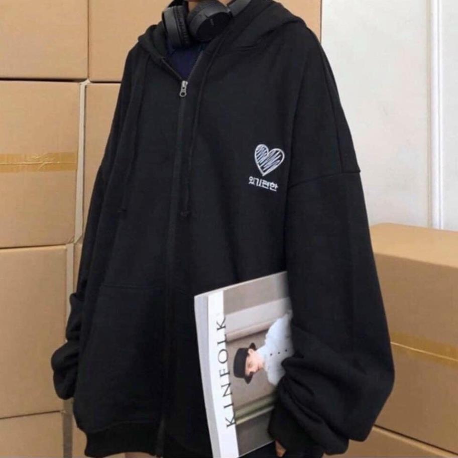 Áo khoác hoodie chống nắng dành cho nam nữ Thêu Trái Tim, Nỉ ngoại form rộng Có Dây Kéo unisex ulzzang