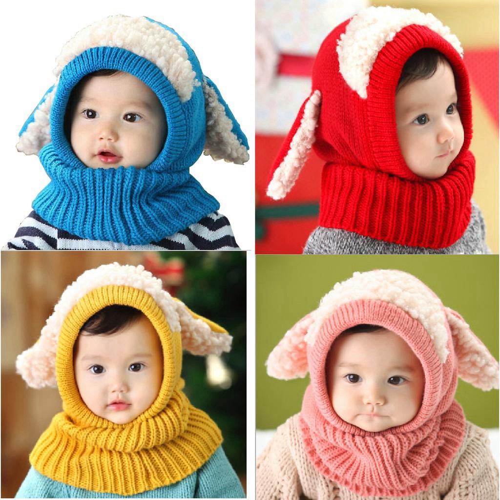 Mũ Len Lông Cừu Liền Khăn Cho Bé Trai Bé Gái