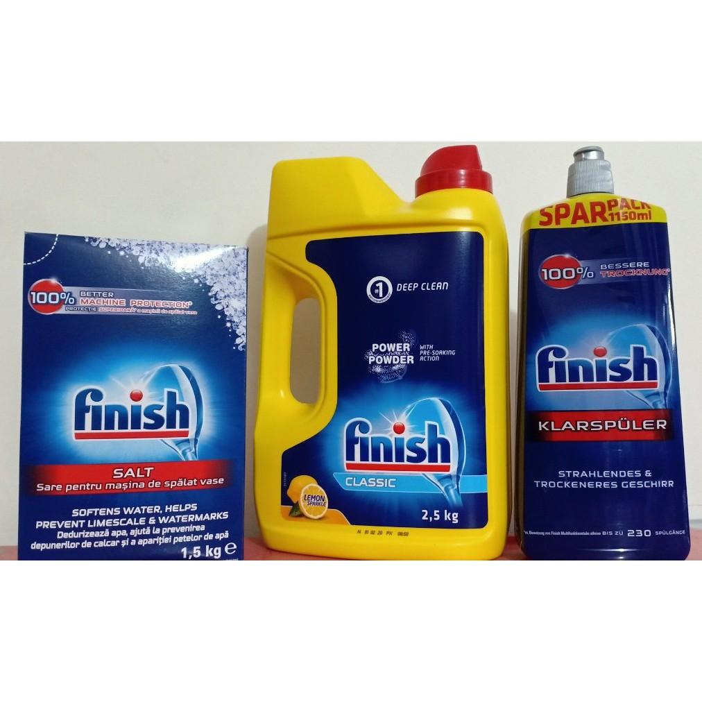 Combo Bột rửa bát Finish Classic 2.5kg + Muối 1.2kg + Nước làm bóng Finish 750ml + Tặng 3 viên Finish dùng thử