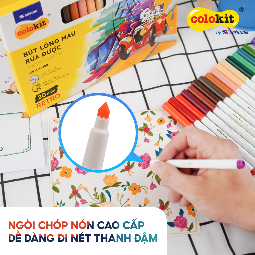 Bút lông màu Fiber Pen 20 màu Retro Thiên Long Colokit rửa được ngòi chóp viết nét thanh nét đậm SWM-C009