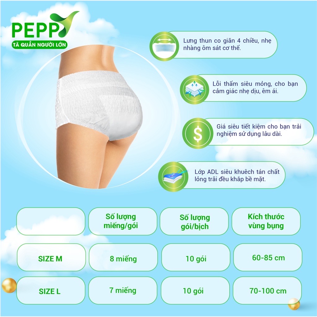 Combo 2 Gói Tã bỉm quần người lớn Peppy siêu mềm, mỏng nhẹ, thấm hút cao M8/L7/XL7