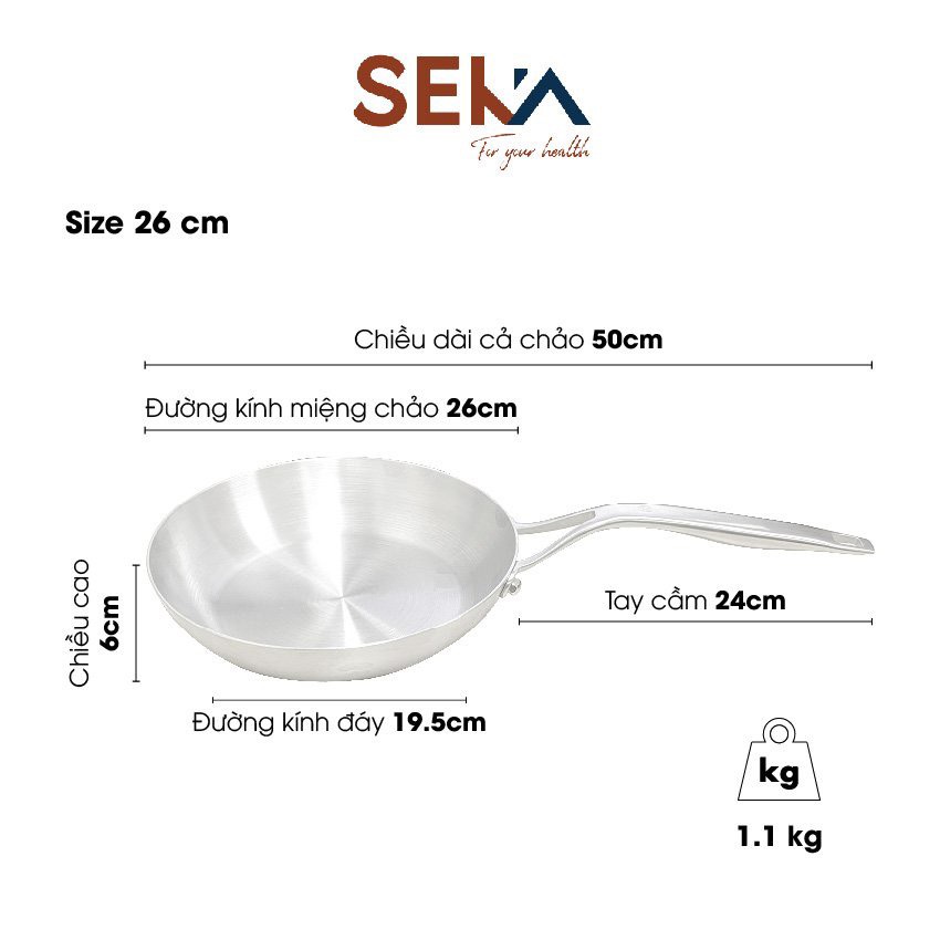 Chảo Inox SEKA Cạn Lòng SK6030 - 5 Lớp Nguyên Khối Chống Dính Size 26cm, 22cm, 16cm Dùng Cho Mọi Loại Bếp - Hàng Chính Hãng