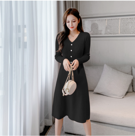 Váy len gân cổ tym basic Đầm len dáng suông chất len dày dặn AH77