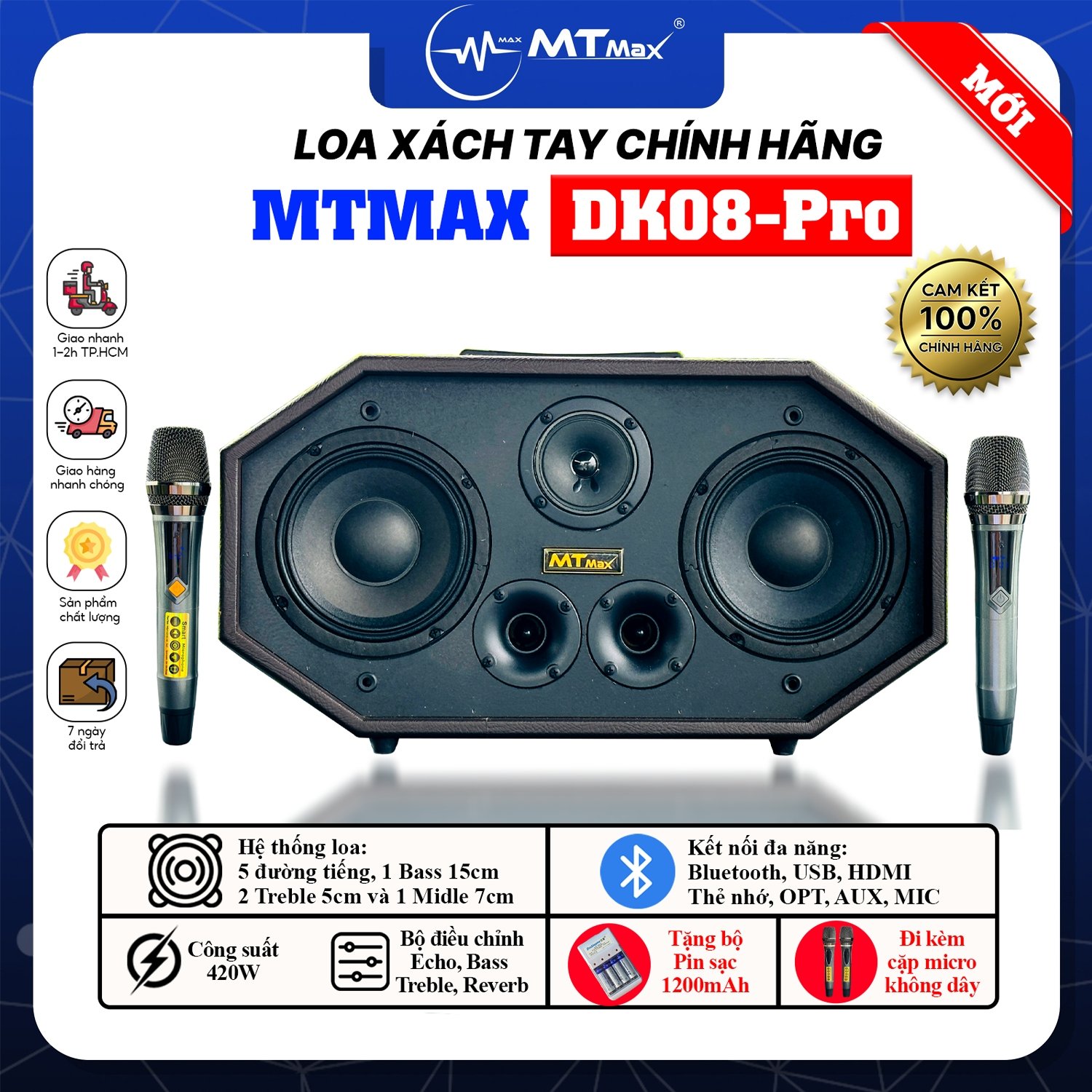 Loa Xách Tay Chính Hãng MTMax DK08 Pro - Loa 5 Đường Tiếng Công Suất Lớn 420W, Thiết Kế Độc Đáo, 2 Bass 15cm Siêu Trầm Ấm,Tặng Kèm 2 Micro Không Dây Và Bộ Pin Sạc Đa Năng hàng chính hãng