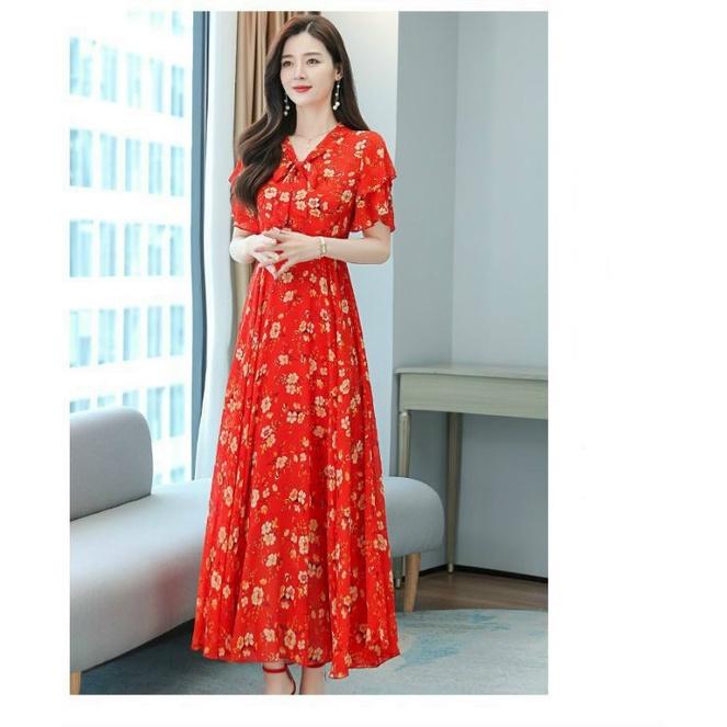 HÀNG NHẬP - ĐẦM XÒE VOAN HOA ĐỎ CỔ THẮT NƠ