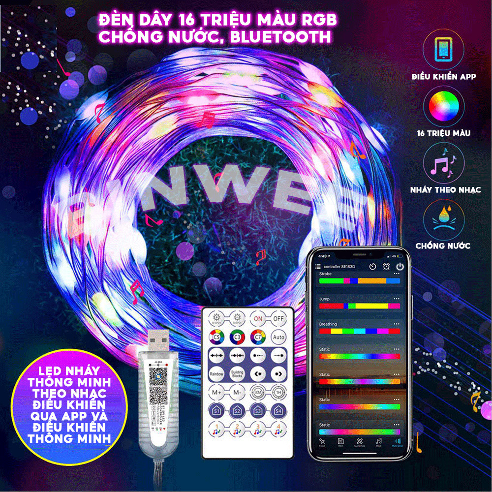 Đèn led dây RGB đuổi nháy theo nhạc chống nước Fairy Lights 16 triệu màu điều khiển, bluetooth trang trí phòng