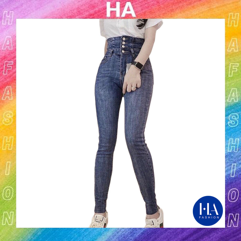 Quần Jean Nữ Lưng Cao Thiết Kế H&A Fashion Chất Jean Co Giãn Màu Xanh 4 Nút KVQJN512