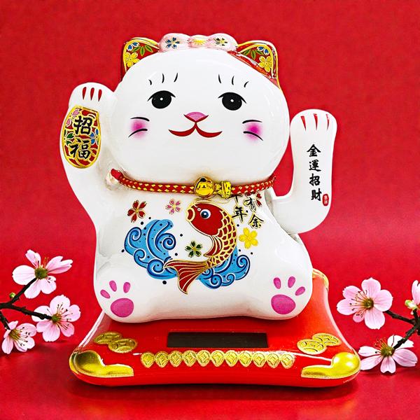 Tượng Mèo Thần Tài Vẩy Tay 12 cm - Trang Trí Tết - T87 - Tai Mèo Màu Đỏ