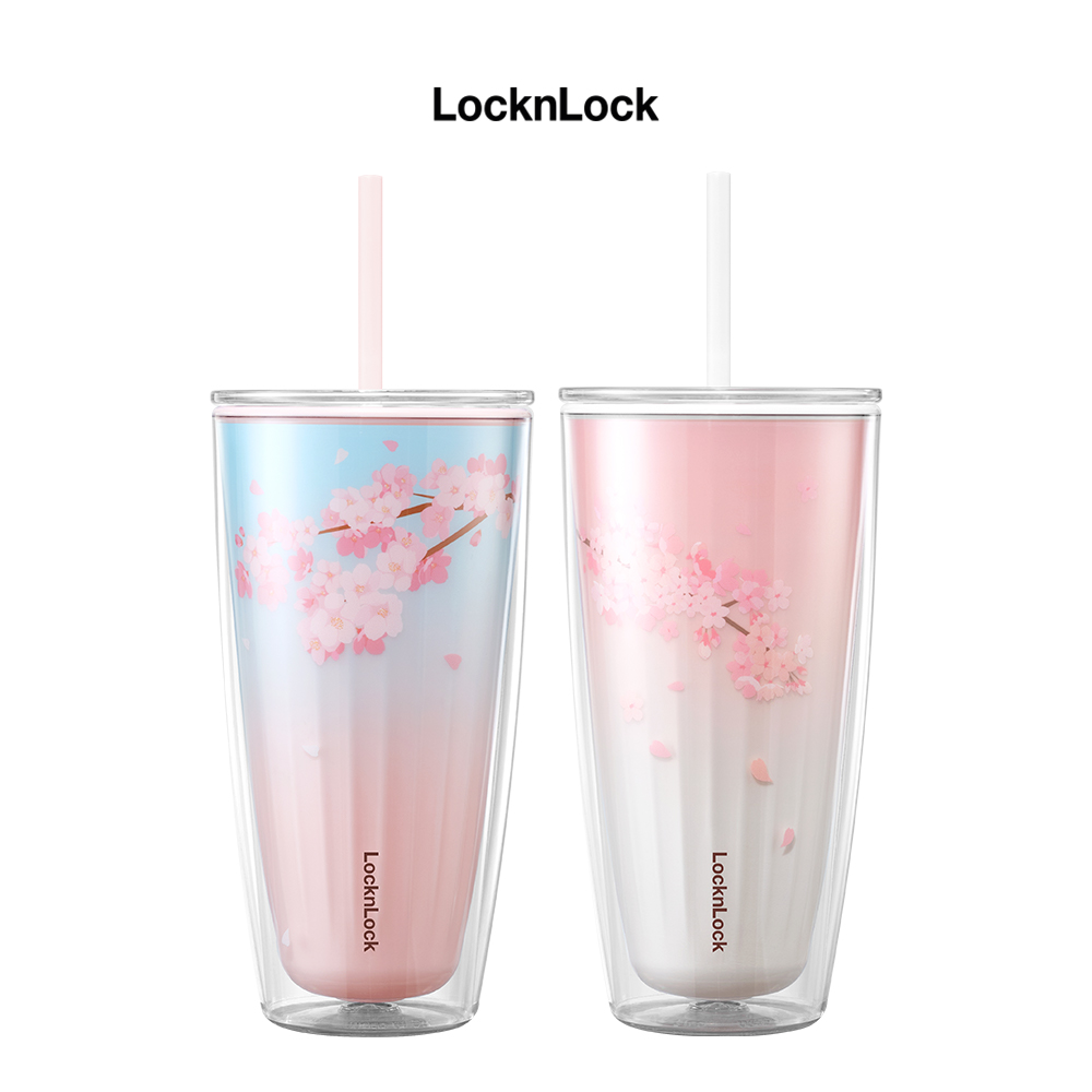Ly nhựa 2 lớp Cherry Blossom Double wall Cold Cup LocknLock HAP522 - Kèm ống hút - Dung tích 750ml