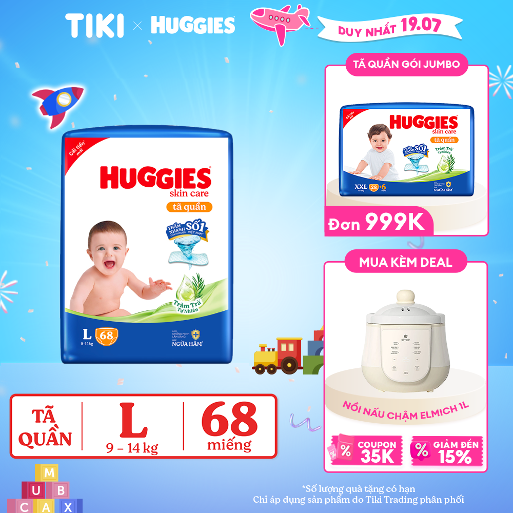 Tã/bỉm quần Huggies Skin Care Super Jumbo L68 miếng với tràm trà dịu da