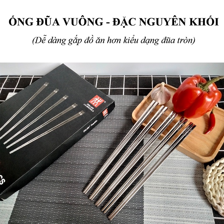 Set 5 đôi Đũa inox 304 dạng ống vuông chống trơn trượt xuất Đức hàng cao cấp