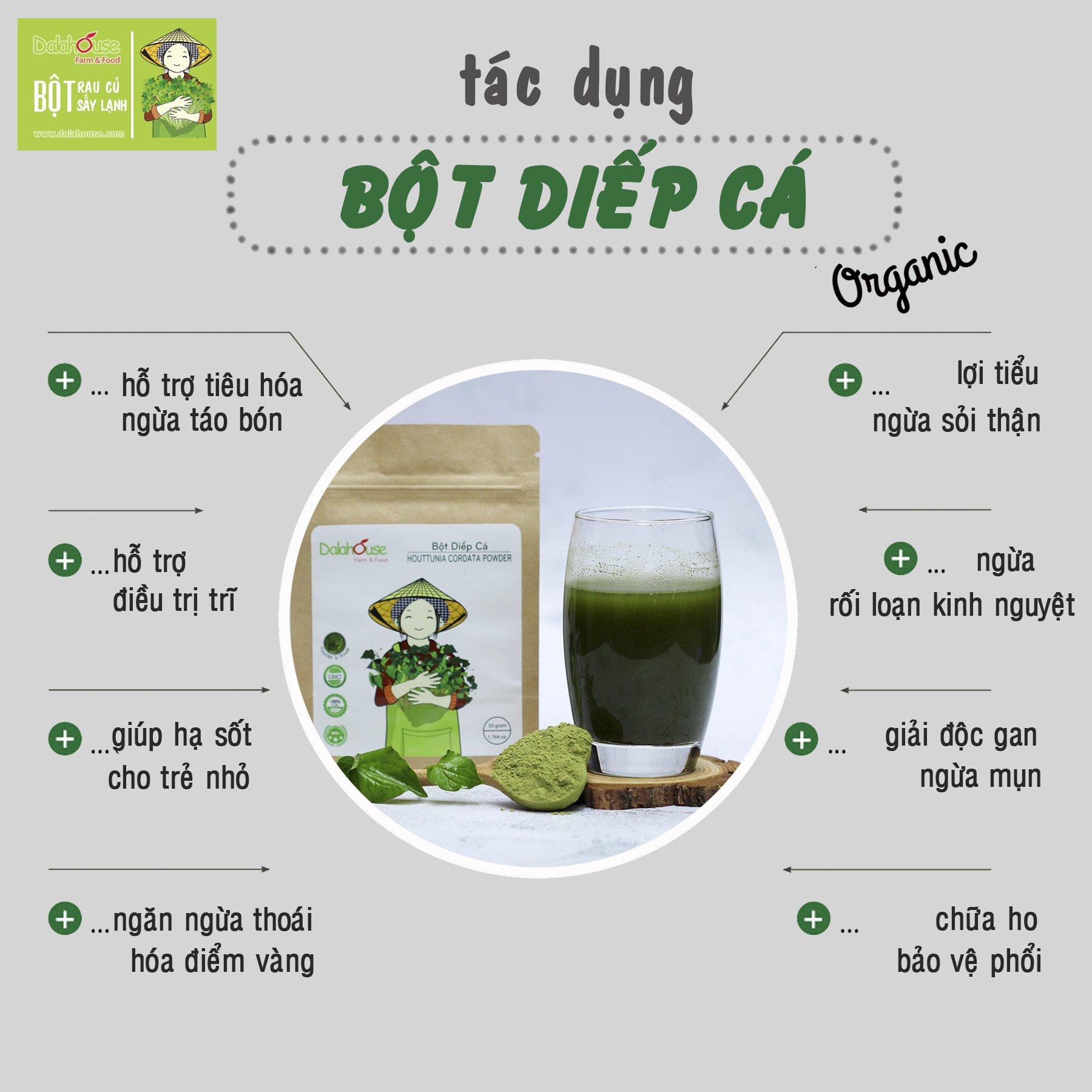 Bột Diếp Cá Dalahouse 120 gram Công Nghệ Sấy Lạnh Theo Tiêu Chuẩn Châu Âu, Hỗ Trợ Làm Đẹp Da Mát Gan, Ngừa Mụn, Kháng Viêm, Tiêu Hóa Tốt – Hàng Chính Hãng