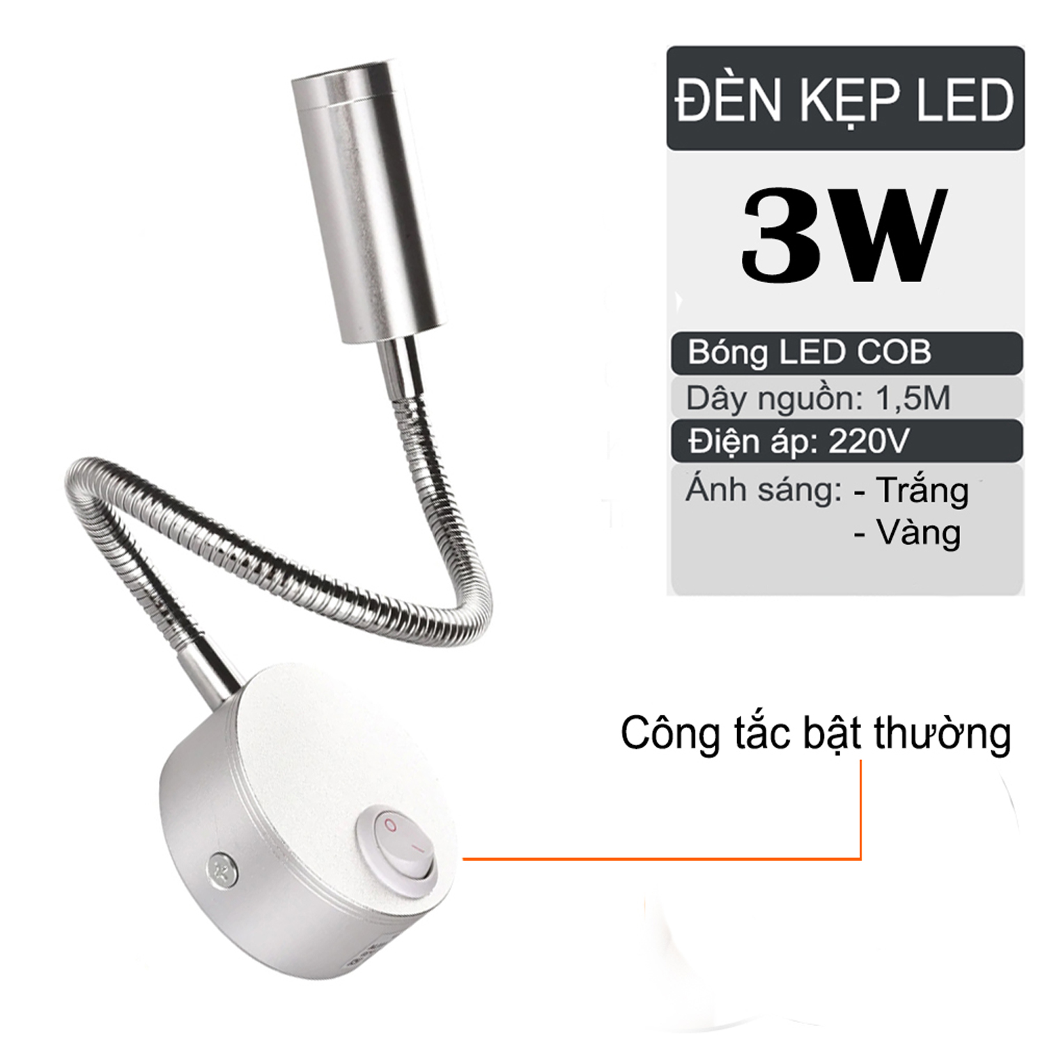 Đèn đọc sách đầu giường LED 3W, Loại gắn tường, Ánh sáng chiếu rọi điểm