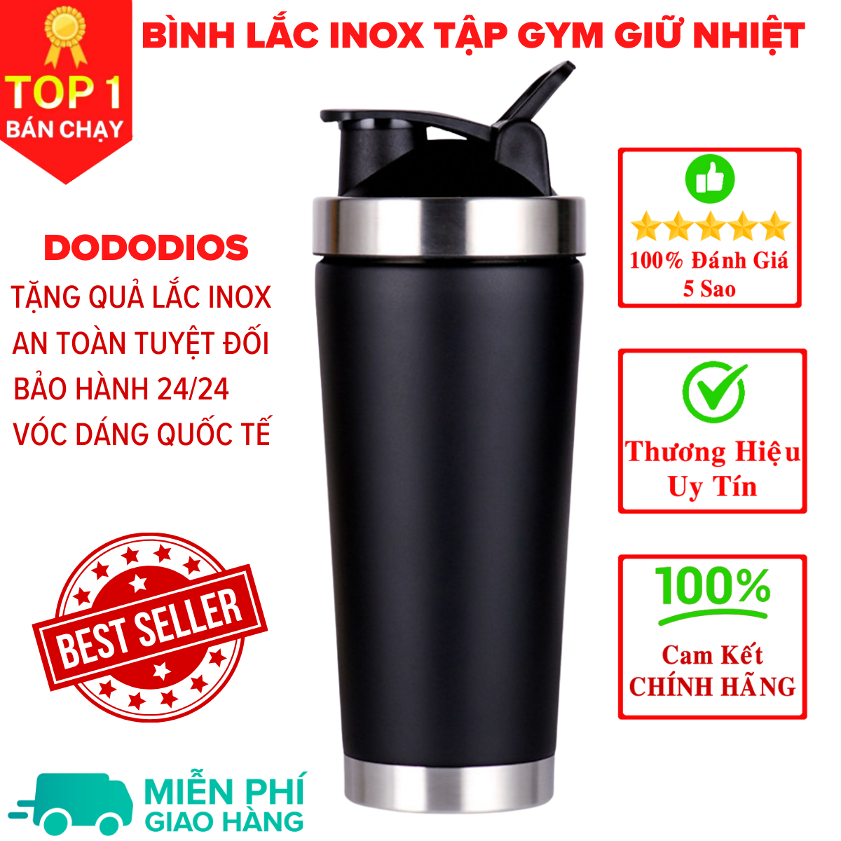 [Loại Cao Cấp - Giữ Nhiệt - Inox 304] bình lắc gym, bình lắc shaker, bình nước thể thao inox giữ nhiệt + kèm quả lắc Lò Xo - Hàng chính hãng DoDoDios