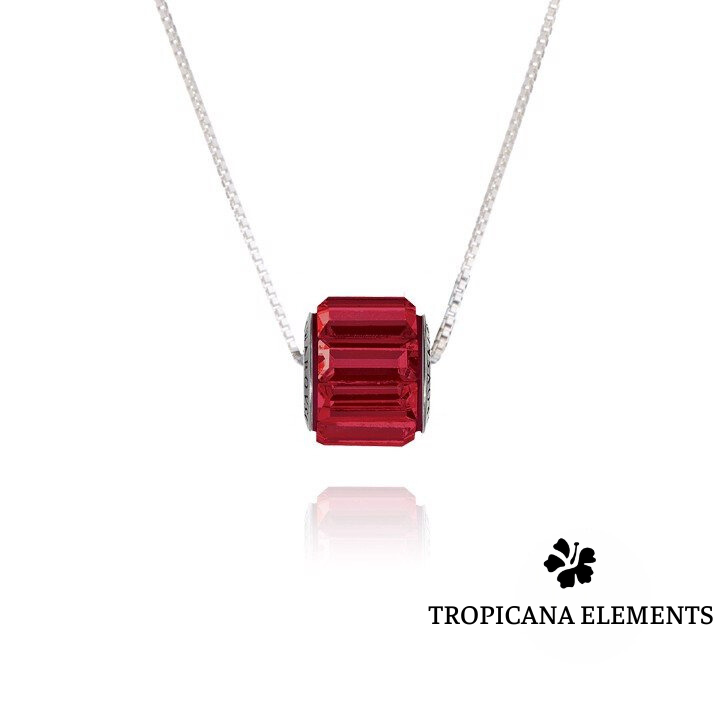 Dây Chuyền Tropicana Phối Charm Swarovski Pha Lê Hình Trụ Cắt Sọc 5 Màu - Đỏ