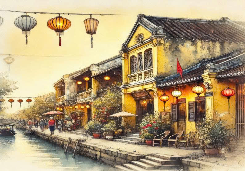 (HCM) Tranh dán tường 3d phố cổ Hội An tích hợp sẵn keo, dễ dán(có in theo kích thước yêu cầu)