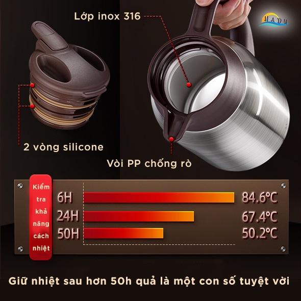 Bình Đựng Nước 2 Lít Giữ Nhiệt Có Vòi Cao Cấp Inox 316 Đạt Chất Lượng Đức HADU